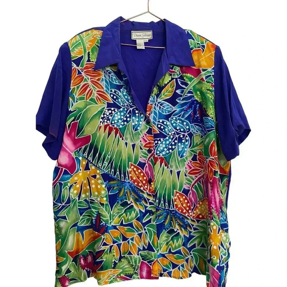 Diane Gilman 100% Silk Floral Design Sequins Blouse Size 2x paradise - Picture 1 of 4